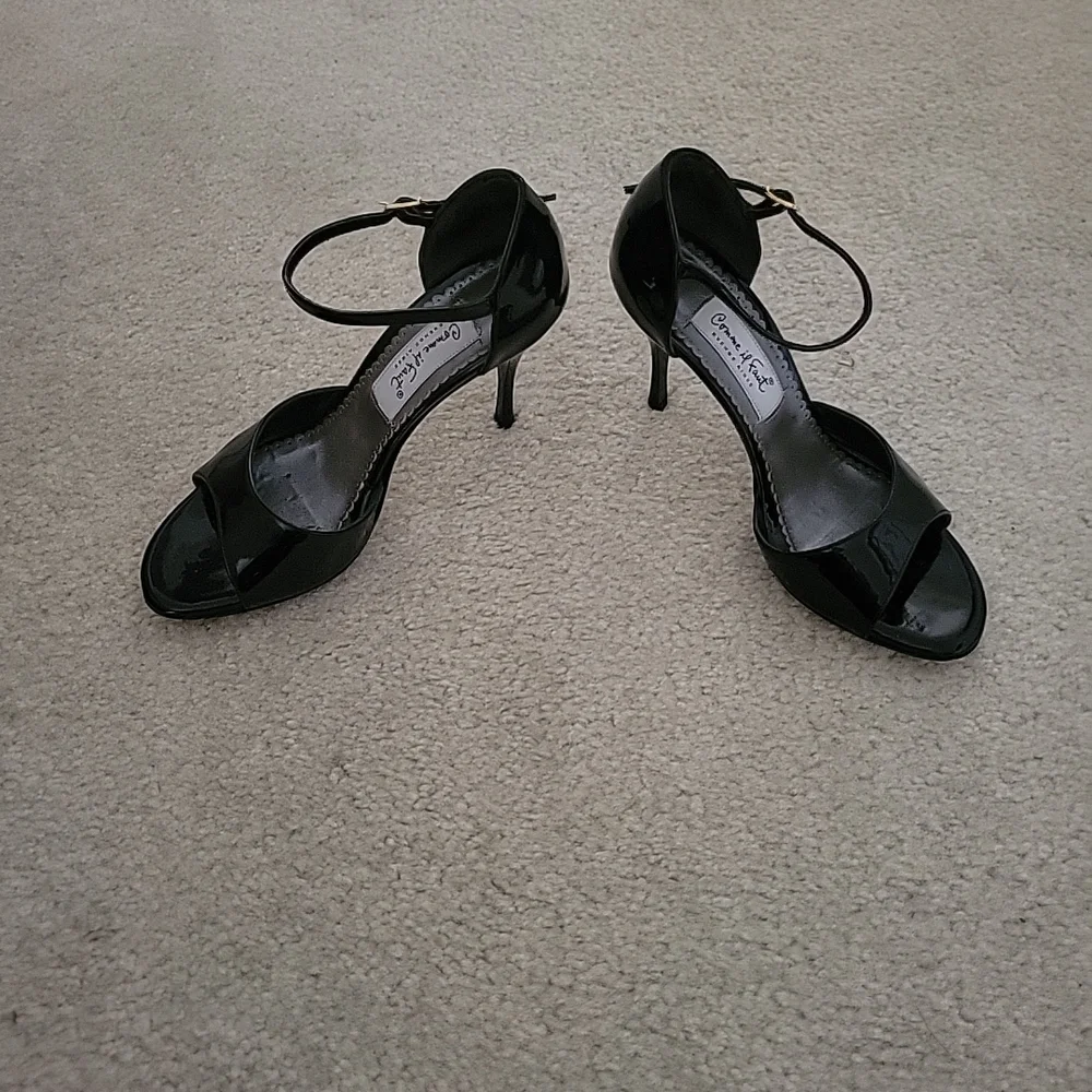Comme Il Faut Argentine Tango Black Patent Ankle-Strap Open-Toe Heels 37 7 - Picture 3 of 7